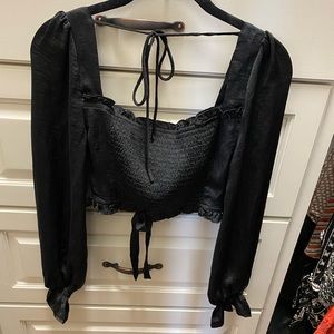 Bailey Black Cropped Top Blouse Long Sleeve Tie Cinch